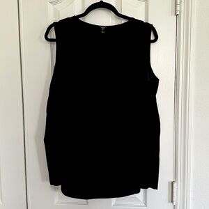 Black silky sleeveless blouse with pleated scoop neck